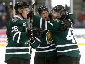 London Knights celebrating a goal against the Kingston Frontenacs (Ian MacAlpine/Kingston Whig-Standard)