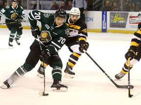 London Knights forward Matvey Guskov drives the Frontenacs net during a 4-1 Knights win in Kingston Saturday night. (Ian MacAlpine/Postmedia)