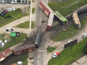 Close up of a train derailed in Strathroy west of London, Ont. on Wednesday July 19, 2017.  (Mike Hensen/The London Free Press file photo)