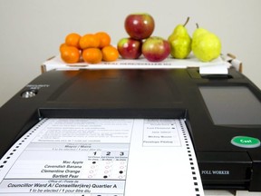 Ranked ballots will allow Londoners to pick their 1st, 2nd and 3rd candidates in the mayoral and councillor races in London, Ont. To demonstrate the new system, Free Press employees used ballots to pick their No. 1 fruit. Photograph taken on Wednesday September 26, 2018.  Mike Hensen/The London Free Press/Postmedia Network