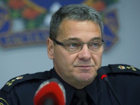 Police chief John Pare speaks during a news conference Tuesday, saying Western University has to do more to help mitigate “irresponsible and dangerous” student behaviour after a weekend party on Broughdale Avenue. Derek Ruttan/The London Free Press