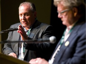 Paul Paolatto, left, and Ed Holder debate during the 2018 election campaign for mayor. Paolatto will not be taken to court for "technical" campaign financing breaches found by an audit, a city hall committee has decided.  (MIKE HENSEN, The London Free Press)