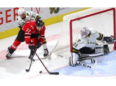 Nick Suzuki of the Owen Sound Attack is chased around the back of the London Knights net by Alec Regula as Jordan Kooy slides across to cover the post during their game at Budweiser Gardens on Friday Oct. 5, 2018. (Mike Hensen/The London Free Press)