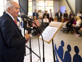 Arthur Labatt spoke at the grand opening of the L'Arche London Gathering Place in Lambeth on Thursday October 11, 2018. Labatt originally met Jean Vanier, the founder of L'Arche, when Labatt and his wife Sonia were living in Paris. Labatt donated $150,000 to help L'Arche complete the $2.5-million project here. Mike Hensen/The London Free Press/Postmedia Network