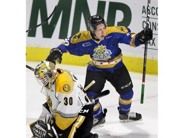 London Knight Antonio Stranges celebrates after scoring on Sarnia Sting goalie Aidan Hughes during the first period of their OHL hockey game in London on Friday, Oct. 12, 2018. The Knights were sporting custom sweaters in support of the Dream Lottery which raises money for London hospitals. The sweaters will be auctioned off at http://auction.chl.ca/ Derek Ruttan/The London Free Press