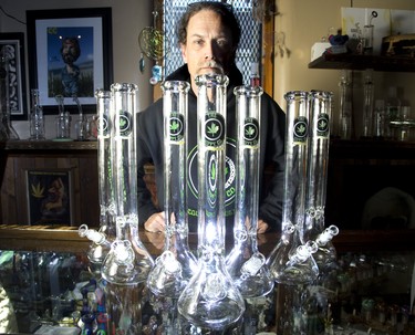 Mike McDowell of Hippy Co. has designed bongs featuring the head shop's  logo and the date October 17, 2018 to commemorate the day that marijuana becomes legal in Canada. (Derek Ruttan/The London Free Press)