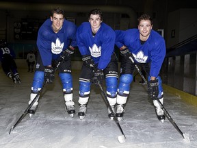 Christian Polillo, Cal Davis and  Riley MacRae of the London Nationals may be the best line in junior B hockey right now. (Derek Ruttan/The London Free Press)