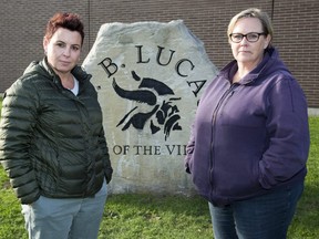 Gillian Midwood (left) and Sue Adolphe are not happy that Western has tripled fees for TVDSB football teams to play at TD Stadium. Both have sons that play for the A.B. Lucas Vikings in London. (Derek Ruttan/The London Free Press)