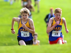 Nolan Silvester, left, and Ian Young of the Oakridge Oaks junior boys cross-country team bear down on the upgrade at the TVRA final meet Thursday at Fanshawe Golf Course. Young won the five-kilometre event, Silvester was second, and fellow Oaks finished third and fifth. (MIKE HENSEN, The London Free Press)