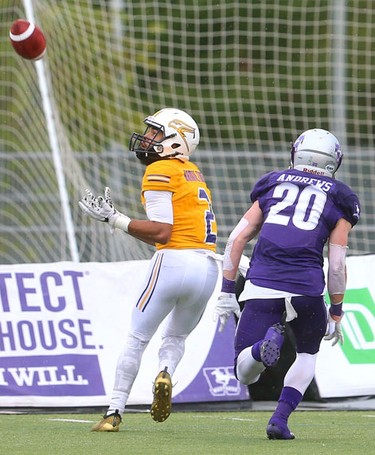 Western halfback Jake Andrews can't catch up to Laurier slot back Esson Hamilton who gathers in a Connor Carusello pass for a big gain in the Western Homecoming game on Saturday October 20, 2018 at TD stadium.
The Mustangs won 46-13 after a strong second half against the Golden Hawks, leaving them undefeated for the season.
Mike Hensen/The London Free Press/Postmedia Network