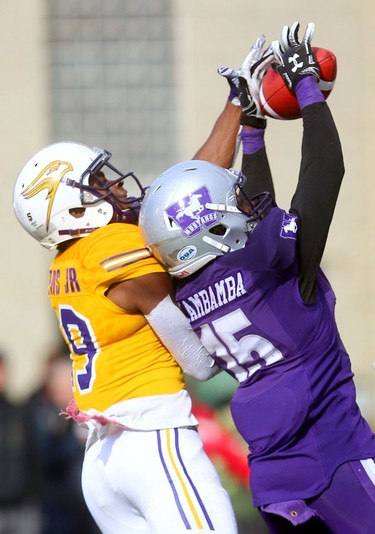 Western cornerback Bleska Kambamba breaks up a pass intended for Laurier wide receiver Kurleigh Gittens Jr in the Western Homecoming game on Saturday October 20, 2018 at TD stadium.
The Mustangs won 46-13 after a strong second half against the Golden Hawks, leaving them undefeated for the season.
Mike Hensen/The London Free Press/Postmedia Network