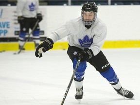 New London Nationals forward Zach Sheedy skates with the team during practice at the Western Fair Sports Centre on Tuesday Oct. 23, 2018. (Derek Ruttan/The London Free Press)