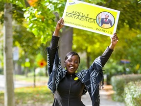 Arielle Kayabaga celebrates a close win over John Fyfe-Millar on the 8th round of voting to capture the seat in Ward 13, left vacant by Tanya Park. Kayabaga said she was feeling very emotional after her victory on Tuesday October 23, 2018.  Mike Hensen/The London Free Press/Postmedia Network