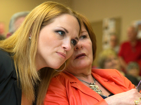 Lindsay Mathyssen leans in to listen to her mother, London-Fanshawe NDP MP Irene Mathyssen, during an NDP nomination meeting for London North Centre in 2015. (File photo)
