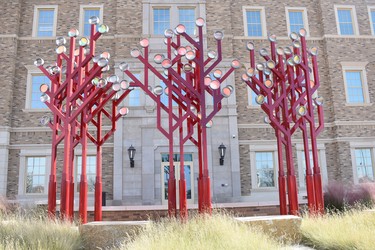 The beautiful aluminum and stainless steel Illuminated Arboreal Data Codes by Koryn Rolstad depict communication circuits. They are part of the Texas Tech University public art display.

BARBARA TAYLOR/THE LONDON FREE PRESS
Lubbock, Texas