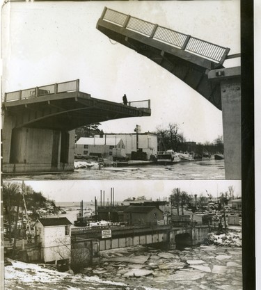 The new $800,000 lift bridge (top) that the Ontario department of highways built across the Lynn River in Port Dover doesn't work. Town officials plan to keep the old bridge (bottom) in operation, 1971. (London Free Press files)