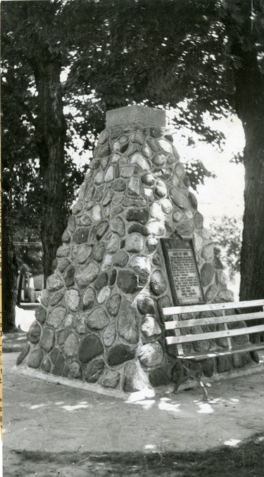 Located at the corner of the park in Port Dover's business section, this stone cairn records the fact that General Isaac Brock stayed in that village overnight in August 1812, while on his way to capture Detroit. The memorial attracts many summer visitors in the Lake Erie village, 1952. (London Free Press files)