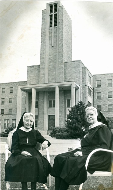 Sisters M. Bernadette, left and M. Margaret celebrated their diamond jubilee as members of the Order of St. Joseph at Mount St. Joseph Motherhouse,  1969. (London Free Press files)