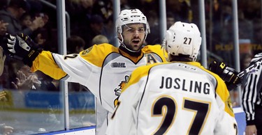 Sarnia Sting's Mitch Eliot celebrates his first-period goal against the London Knights with Sean Josling Sunday, Oct. 21, at Progressive Auto Sales Arena in Sarnia. (Mark Malone/Postmedia Network)