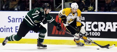 Sarnia Sting's Justin McCombs (72) is chased by London Knights' Andrew Perrott (24)  during the first period of their game Sunday, Oct. 21 at Progressive Auto Sales Arena in Sarnia. (Mark Malone/Postmedia Network)