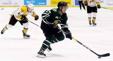 London Knights Nathan Dunkley (17) has a breakaway against the Sarnia Sting  during the second period of their game Sunday, Oct. 21 at Progressive Auto Sales Arena in Sarnia. (Mark Malone/Postmedia Network)