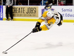 Sarnia Sting's Anthony Salinitri goes flying while driving to the Mississauga Steelheads' net in the third period at Progressive Auto Sales Arena in Sarnia, Ont., on Sunday, Oct. 14, 2018. (Mark Malone/Chatham Daily News/Postmedia Network)