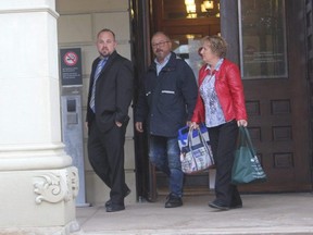 Michael Wilkins, left, leaves the Elgin County courthouse on October 15, 2018. He is on trial for manslaughter in the 2014 death of Danny Digiandomenico in St. Thomas. He has pleaded not guilty. (LAURA BROADLEY, Times-Journal)