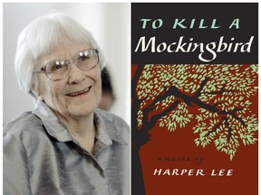 This combination photo shows author Harper Lee and the cover of her Pulitzer Prize-winning novel, "To Kill a Mockingbird."