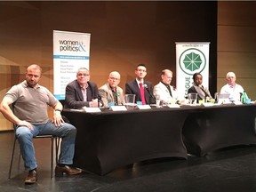 Ward 13 candidates debated downtown issues at an all-candidates meeting at teh Wolf Performance Hall Wednesday night. From left are David Lundquist, Jonathan Hughes, John Fyfe-Millar, Kevin Wilbee, Ben Benedict, Arielle Kayabaga and Gil Warren. (Megan Stacey/The London Free Press)