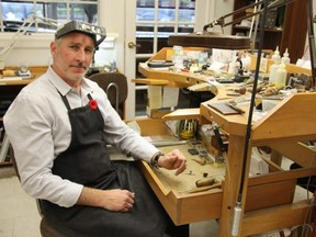 Jason Simpson, goldsmith and co-owner of J.B. Simpson Jewellers, sits at his Richmond Street store, where they have operated for the last 27 years. Early in 2019, the business will be moving to a new location on Princess Avenue and become an appointment-only jewelry studio. (JONATHAN JUHA/The London Free Press)