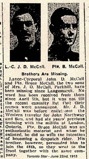 Lance-Cpl. John Duncan McColl, 28, and 18-year-old brother Pte. Bruce McColl were declared dead within days of each other in April 1915 and are commemorated on neighbouring panels of the Menin Gate in Ypres, Belgium. (Canadian Virtual War Memorial)