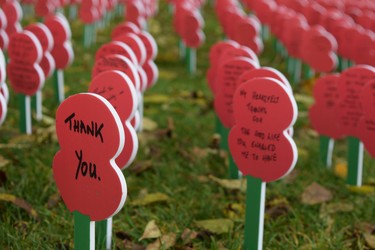 Messages of remembrance and gratitude lay across the lawn at the top of the Menin Gate in Ypres, Belgium. (Jennifer Bieman/The London Free Press)