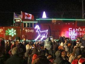 The CP Holiday Train pulls into Woodstock, Ont. last year. The train will come to Woodstock Nov. 29 from 6:40 to 7:10 p.m. Greg Colgan/Woodstock Sentinel-Review/Postmedia Network