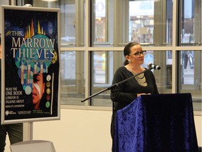 Author Cherie Dimaline speaks on Monday at the London Public Library during the launch of this year's One Book One London project, which will feature her book The Marrow Thieves as one the library is encouraging Londoners to read. (JONATHAN JUHA, The London Free Press)