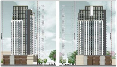 Artist rendering of the tower at 560-562 Wellington St. (East (left) and North (right) Building Elevations)