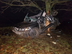 A 21-year-old from Ingersoll was killed and two males were sent to the hospital following a single-vehicle collision in Zorra Township on Saturday night. (OPP West Twitter)