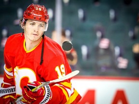 Calgary Flames Matthew Tkachuk during the pre-game skate before facing the Chicago Blackhawks in NHL hockey at the Scotiabank Saddledome in Calgary on Saturday, November 3, 2018. Al Charest/Postmedia