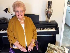 Wallaceburg's Fern Bezanson is an Internet celebrity, as a video featuring the 84-year-old playing the piano at Chatham's Value Village thrift store has been viewed almost a quarter million times in just under a week. (David Gough/Postmedia Network)