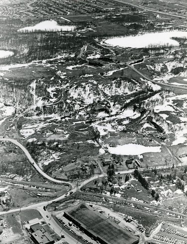 Aerial: bottom left is Adelaide Street and Commissioners Road, top is Southdale Road running east/west. Dearness home top right, looking southwest, 1971. (London Free Press files)