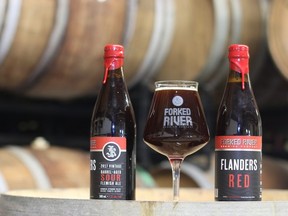 Forked River's Flanders Red, shown with its Teku glass, is fermented in wine barrels.