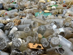 Plastic bottles and other waste lie on the sand after being washed ashore (Getty Images)