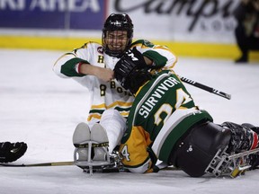 It's been seven months since the Humboldt Broncos bus crash and Americans are still closely watching the aftermath of the tragedy. Humboldt Broncos hockey players Jacob Wassermann, left, jokes with Ryan Straschnitzki during an exhibition sled hockey game at a University of Denver and Providence college hockey game, in Denver on Friday, Nov. 23, 2018.