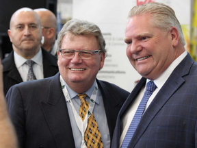 Then London mayor-elect Ed Holder and Premier Doug Ford were all smiles as Maple Leaf Foods formally announced a $660-million, 1,500-job facility in London on Tuesday Nov. 27, 2018. (Dale Carruthers/The London Free Press)