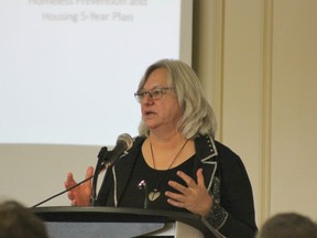 Jan Richardson, city hall's manager of homelessness, presents at a housing conference at the Western Fair on Wednesday, Nov. 21, 2018. (MEGAN STACEY/The London Free Press)