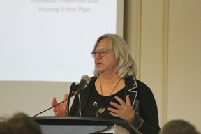 Jan Richardson, city hall's manager of homelessness, presents at a housing conference at the Western Fair on Wednesday, Nov. 21, 2018. (MEGAN STACEY/The London Free Press)