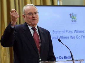 Retired NHL goaltender Ken Dryden addresses the "We Can Do Better" Governor General's Conference on Concussions in Sport in Ottawa Tuesday December 6, 2016. (THE CANADIAN PRESS/Fred Chartrand)