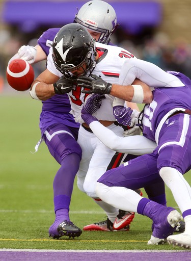 Western defensive half back Jake Andrews gets his hand on the ball carried by Nathan Carter of the Carleton Ravens and strips it for a touchdown saving play during their semi-final Saturday November 3, 2018 at Td stadium.
Western cornerback Bleska Kambamba stood up Carter on the line to lead to the strip.
Western won 39-13 and will move on to face Guelph next week at home for the Yates Cup.
Mike Hensen/The London Free Press/Postmedia Network