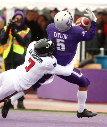 Western running back Alex Taylor breaks the game open with a touchdown pass reception behind Carleton's Jay Dearborn making the score 29-6 late in the third quarter of their semi-final Saturday November 3, 2018 at Td stadium.
Western won 39-13 and will move on to face Guelph next week at home for the Yates Cup.
Mike Hensen/The London Free Press/Postmedia Network