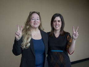 Gena Brumitt (left) is the London and St. Thomas chapter chair of Democrats Abroad. Marnelle Dragila is secretary of Democrats Abroad Canada. They were photographed  in London. (Derek Ruttan/The London Free Press)