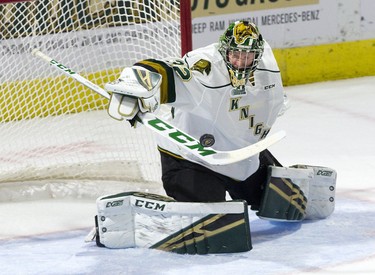 London Knights goalie Joseph Raaymakers makes  save in the first period of their game agains the Sudbury Wolves in London. Derek Ruttan/The London Free Press/Postmedia Network